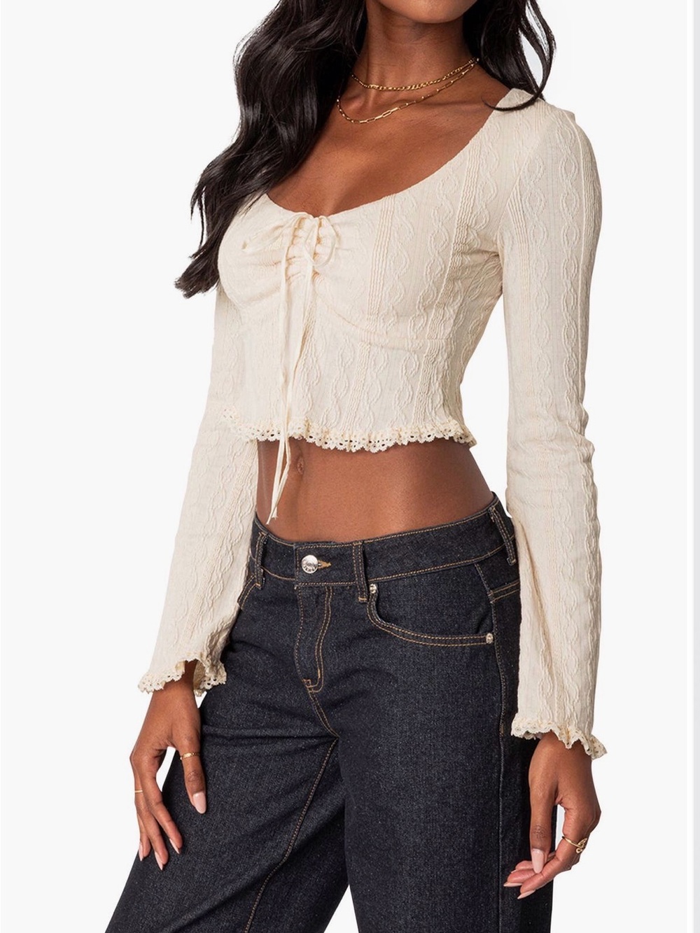 Edikted Cream Lace-Trim Cropped Long-Sleeve Top